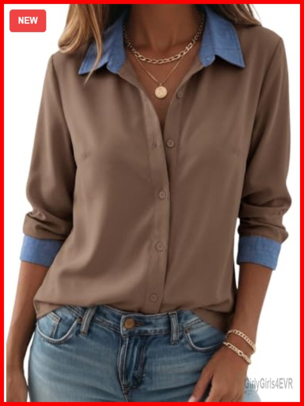 Women's Button Down Shirt Long Sleeve Denim Patchwork V Neck Chiffon Blouse